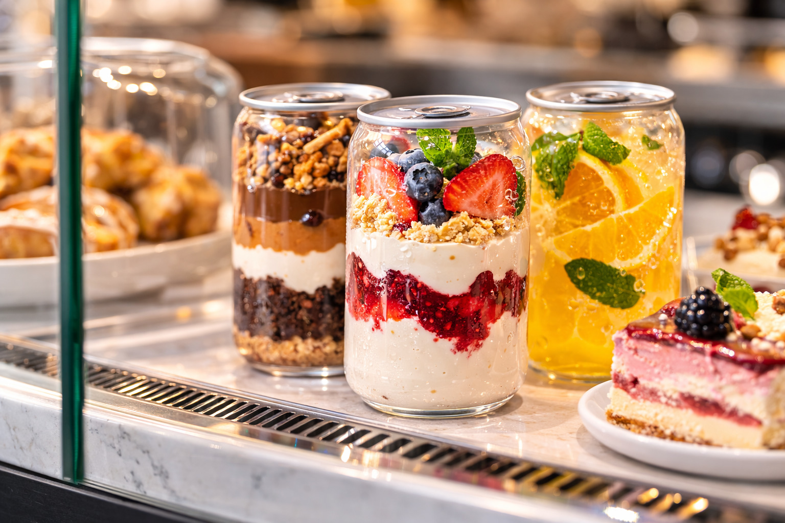 Puszki PET w kawiarni – gotowe napoje i desery w transparentnych opakowaniach na ladzie